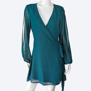 Lulu's Told You So Teal Blue Long Sleeve Wrap Dress, Size S